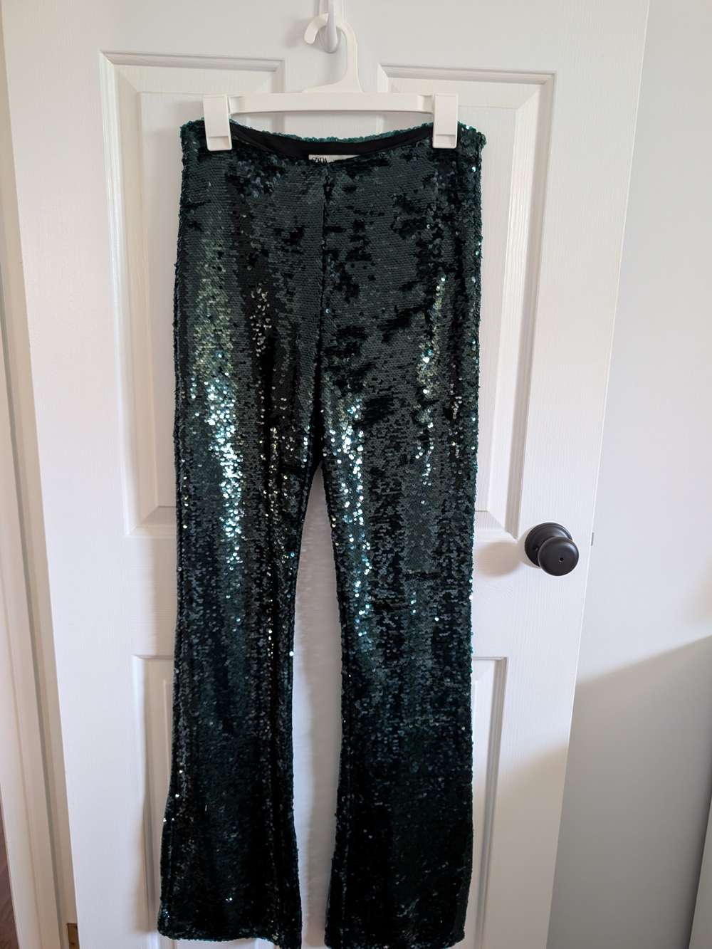 Zara Women's Emerald Green Sequin Flared Pants Zip And Elastic Band Size Small